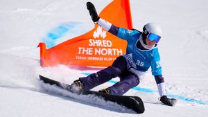 Canadian Kaylie Buck races in qualification round of the women's parallel slalom FIS Snowboard Alpine World Cup at Val Saint-Come in Saint-Come, Que., on Saturday, Feb. 15, 2025. (Sean Kilpatrick/CP)