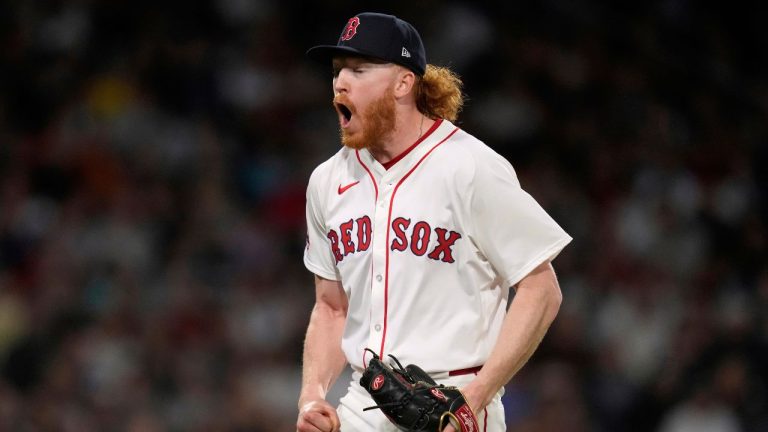Boston Red Sox pitcher Dustin May reacts after the final out of the top of the fourth inning of a baseball game against the Baltimore Orioles at Fenway Park, Monday, Aug. 18, 2025, in Boston. (Charles Krupa/AP)