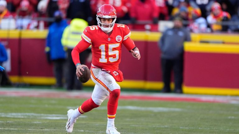 Kansas City Chiefs quarterback Patrick Mahomes (15) scrambles during the second half of an NFL football game against the Los Angeles Chargers Sunday, Dec. 14, 2025, in Kansas City, Mo. (Charlie Riedel/AP)