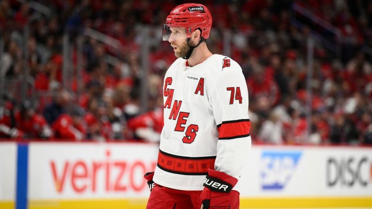 Carolina Hurricanes defenceman Jaccob Slavin (74) looks on in the second period of Game 1 of a second-round NHL hockey playoff series against the Washington Capitals Tuesday, May 6, 2025, in Washington. (Nick Wass/AP)