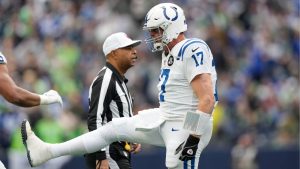 Indianapolis Colts quarterback Philip Rivers (17) reacts after a touchdown during the first half of an NFL football game against the Seattle Seahawks, Sunday, Dec. 14, 2025, in Seattle. (Stephen Brashear/AP)