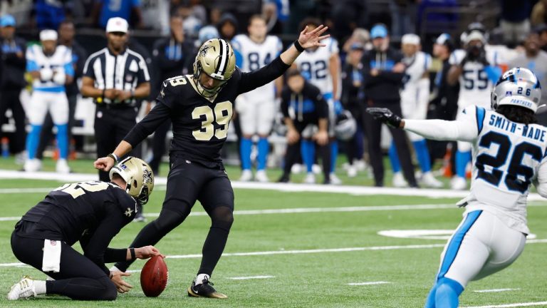 New Orleans Saints placekicker Charlie Smyth (39) kicks a field goal to win the game in the second half of an NFL football game against the Carolina Panthers, Sunday, Dec. 14, 2025, in New Orleans. (Butch Dill/AP)