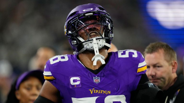 Minnesota Vikings linebacker Jonathan Greenard after an injury during the second half of a game against the Dallas Cowboys Sunday, Dec. 14, 2025, in Arlington, Texas. (AP Photo/Tony Gutierrez)