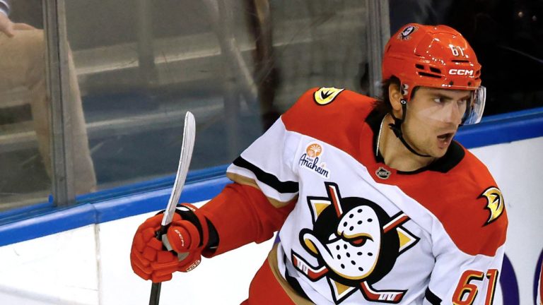 Anaheim Ducks left wing Cutter Gauthier after scoring against the New York Rangers during the third period of an NHL hockey game, Monday, Dec 15, 2025, in New York. (AP Photo/Noah K. Murray)