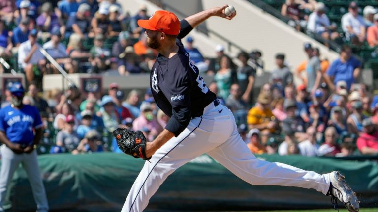 Detroit Tigers pitcher Jason Foley throws against the Toronto Blue Jays during a spring training game, Monday, March 3, 2025, in Lakeland, Fla. (AP Photo/John Raoux)