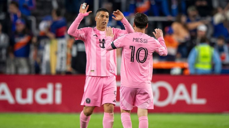 Inter Miami forward Lionel Messi (10) celebrates with forward Luis Suárez (9) after beating FC Cincinnati during the MLS Eastern Conference semifinal Sunday, Nov. 23, 2025, in Cincinnati. (AP Photo/Tanner Pearson)