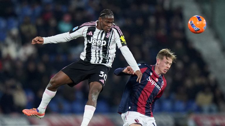 Juventus' Jonathan David in action during the Serie A soccer match between Bologna and Juventus, in Bologna, Italy, Sunday, Dec. 14 , 2025. (Spada/AP)
