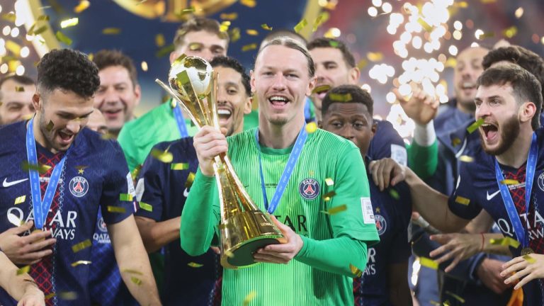 PSG's goalkeeper Matvey Safonov after winning the FIFA Intercontinental Cup final soccer match between Flamengo and Paris Saint-Germain in Doha, Qatar, Wednesday, Dec. 17, 2025. (AP Photo/Hussein Sayed)