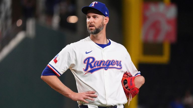 Texas Rangers pitcher Chris Martin stands on the mound just before leaving a baseball game against the Colorado Rockies, May 13, 2025, in Arlington, Texas. (LM Otero/AP)