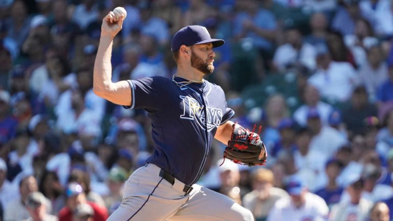 Tampa Bay Rays pitcher Adrian Houser (37) throws the ball against the Chicago Cubs during the first inning of a baseball game Sept. 14, 2025, in Chicago. (David Banks/AP)