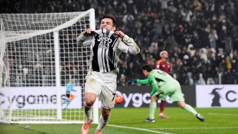 Juventus' Francisco Conceicao celebrates after scoring a goal during the Serie A soccer match between Juventus Fc and Roma at the Juventus Stadium, in Turin, Italy, Saturday, Dec. 20, 2025. (Fabio Ferrari/LaPresse via AP)