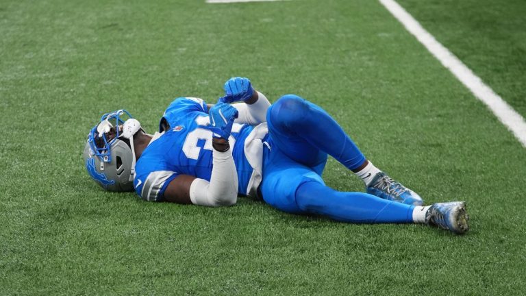 Detroit Lions safety Kerby Joseph is injured against the Cleveland Browns during an NFL football game Sunday, Sept. 28, 2025, in Detroit. (AP Photo/Paul Sancya, File)
