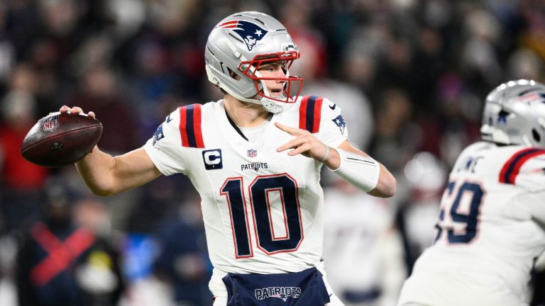 New England Patriots quarterback Drake Maye (10) passes against the Baltimore Ravens during the first half of an NFL football game, Sunday, Dec. 21, 2025, in Baltimore. (Nick Wass/AP)