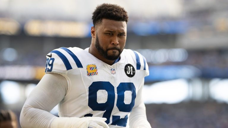 Indianapolis Colts defensive tackle Deforest Buckner (99) jogs back to the locker room during an NFL football game against the Los Angeles Chargers, Sunday, Oct. 19, 2025, in Inglewood, Calif. (Kyusung Gong/AP)