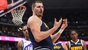 Denver Nuggets center Nikola Jokić argues for a call in the second half of an NBA basketball game against the Utah Jazz, Monday, Dec. 22, 2025, in Denver. (David Zalubowski/AP)