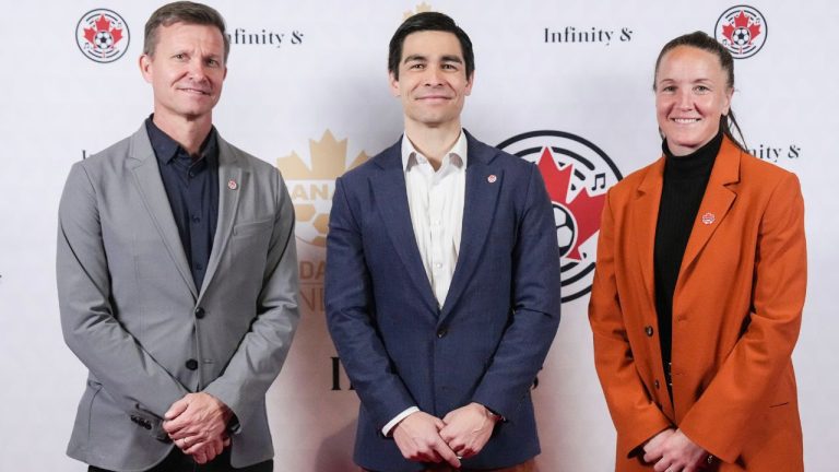 Canada men’s national soccer team head coach Jesse Marsch (left to right), Canada Soccer CEO and General Secretary Kevin Blue and Canada women’s national soccer team head coach Casey Stoney are photographed in Toronto on Monday, March 3, 2025. (Chris Young/CP)