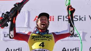 Austria's Marco Schwarz after winning an alpine ski, men's World Cup Super G, in Livigno, Italy, Saturday, Dec. 27, 2025. (AP Photo/Marco Trovati)