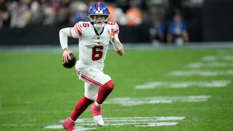 New York Giants quarterback Jaxson Dart (6) carries the ball during the second half of an NFL football against the Las Vegas Raiders game Sunday, Dec. 28, 2025, in Las Vegas. (John Locher/AP)