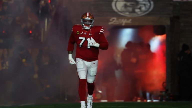 San Francisco 49ers offensive tackle Trent Williams (71) is introduced before an NFL football game against the Chicago Bears in Santa Clara, Calif., Sunday, Dec. 28, 2025. (Jed Jacobsohn/AP)