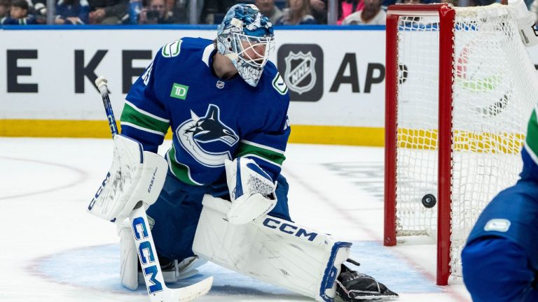 Philadelphia Flyers' Noah Cates, not seen, scores on Vancouver Canucks goaltender Thatcher Demko (35) during first period NHL action in Vancouver, on Tuesday, December 30, 2025. (Ethan Cairns/CP)