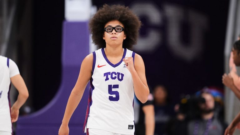 TCU guard Olivia Miles celebrates a basket against Arkansas Pine Bluff in the first half of an NCAA women's basketball game in Fort Worth, Texas, Tuesday, Dec. 16, 2025. (AP Photo/Tony Gutierrez)