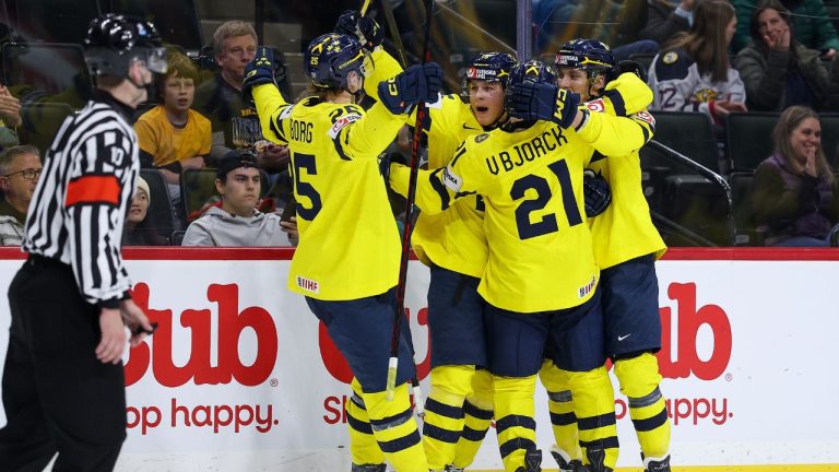 Sweden forward Ivar Stenberg (15) celebrates his goal against Slovakia during the third period of an IIHF World Junior Hockey group stage game Friday, Dec. 26, 2025, in St. Paul, Minn. (AP Photo/Matt Krohn)