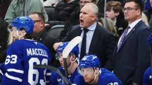 Toronto Maple Leafs head coach Craig Berube yells at his players from the bench during an NHL game against the St. Louis Blues in Toronto on Tuesday, Nov. 18, 2025. (CP/Nathan Denette)