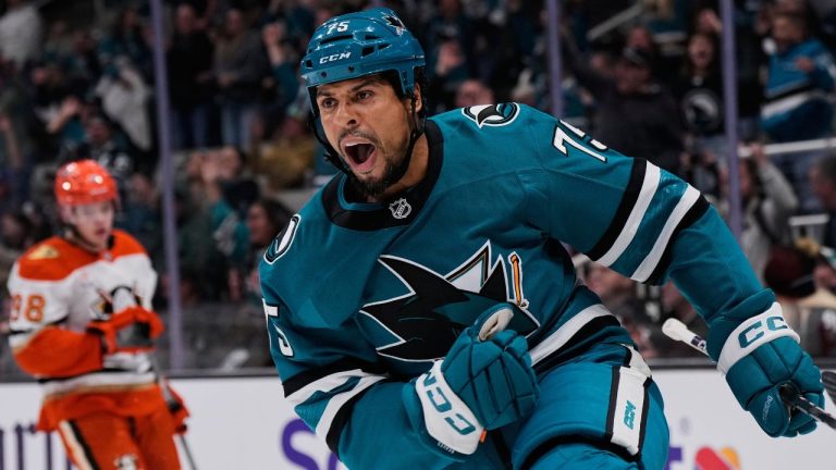 San Jose Sharks right winger Ryan Reaves celebrates after scoring a goal during the first period of an NHL game against the Anaheim Ducks, Saturday, Oct. 11, 2025, in San Jose, Calif. (AP Photo/Godofredo A. Vásquez)