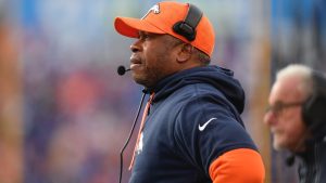 Denver Broncos defensive co-ordinator Vance Joseph watches play during the second half of an NFL wild card playoff game against the Buffalo Bills in Orchard Park, N.Y., Sunday, Jan. 12, 2025. (AP/Adrian Kraus)