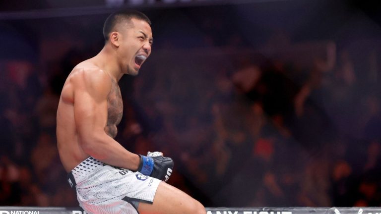 Joshua Van celebrates after defeating UFC flyweight champion Alexandre Pantoja during UFC 323 Saturday, Dec. 6, 2025, in Las Vegas. (Steve Marcus/Las Vegas Sun via AP)