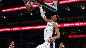 San Antonio Spurs forward Victor Wembanyama dunks during the second half of an NBA game against the Atlanta Hawks, Friday, Dec. 19, 2025, in Atlanta. (AP/Colin Hubbard)