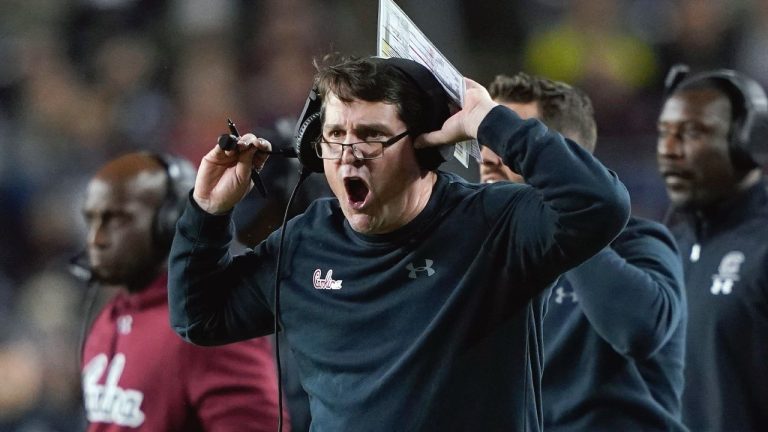 FILE - South Carolina coach Will Muschamp yells to the officials during the first quarter of an NCAA college football game against Texas A&M, in College Station, Texas. (AP/David J. Phillip, File)