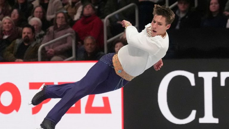 Andrew Torgashev, of the United States, performs during the men's free skating program at the figure skating world championships, Saturday, March 29, 2025, in Boston. (Charles Krupa/AP)