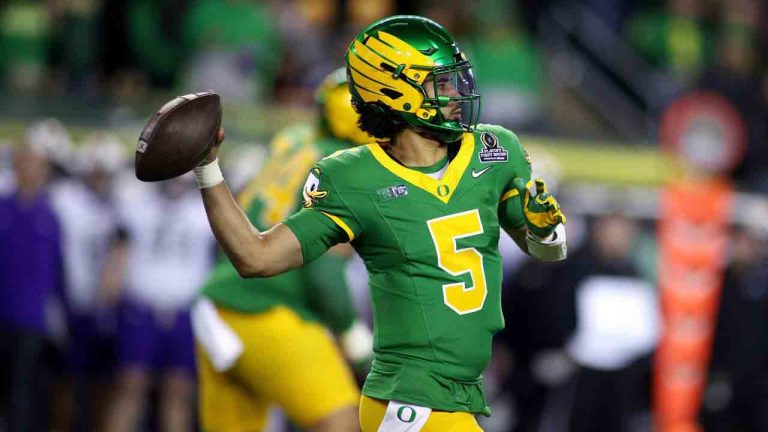 Oregon quarterback Dante Moore looks to pass the ball during the first half of the first round of the NCAA College Football Playoff against James Madison, Saturday, Dec. 20, 2025, in Eugene, Ore. (Lydia Ely/AP)