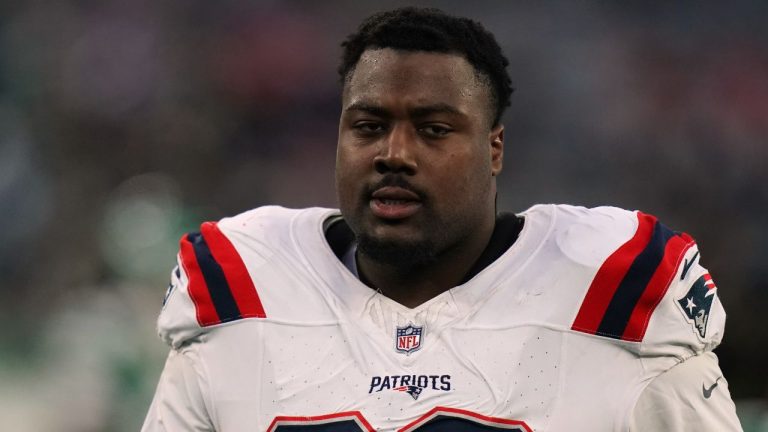 New England Patriots defensive tackle Christian Barmore (90) an NFL football game against the New York Jets, Sunday, Dec. 28, 2025 in New York. (Vera Nieuwenhuis/AP)
