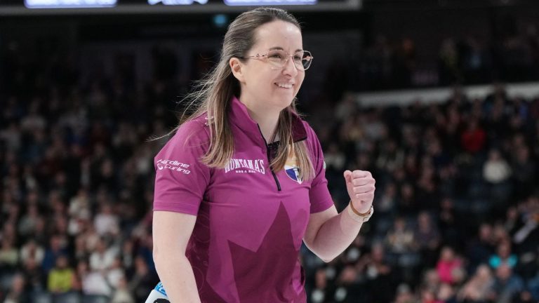 Christina Black reacts after defeating Team Einarson to secure a spot in the finals during Canadian Olympic curling trials semifinal action in Halifax, Thursday, Nov. 27, 2025. (Darren Calabrese/THE CANADIAN PRESS)