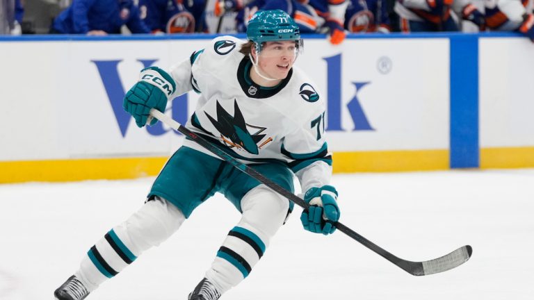 San Jose Sharks' Macklin Celebrini (71) during the first period of an NHL hockey game against the New York Islanders Tuesday, Oct. 21, 2025, at UBS Arena in Elmont, N.Y. (Frank Franklin II/AP)