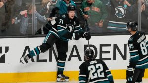 San Jose Sharks centre Macklin Celebrini (71) celebrates after scoring against the Calgary Flames during the third period of an NHL hockey game in San Jose, Calif., Tuesday, Dec. 16, 2025. (Jeff Chiu/AP)
