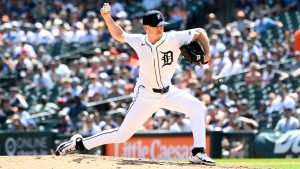 Detroit Tigers relief pitcher Chase Lee throws during the ninth inning of a baseball game against the Minnesota Twins, Saturday, June 28, 2025, in Detroit. (Jose Juarez/AP)