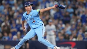 Toronto Blue Jays pitcher Chris Bassitt (40) delivers a pitch against the Los Angeles Dodgers during ninth inning Game 6 World Series playoff MLB baseball action in Toronto on Friday, Oct. 31, 2025. (Nathan Denette/CP)
