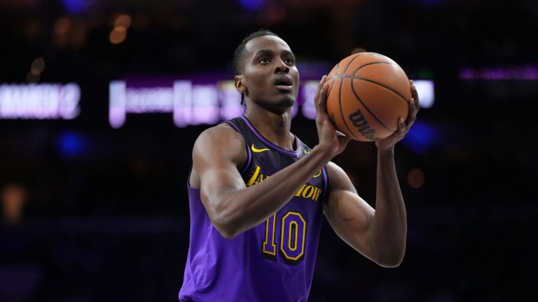 Los Angeles Lakers' Christian Koloko plays during an NBA basketball game, Tuesday, Jan. 28, 2025, in Philadelphia. (Matt Slocum/AP)