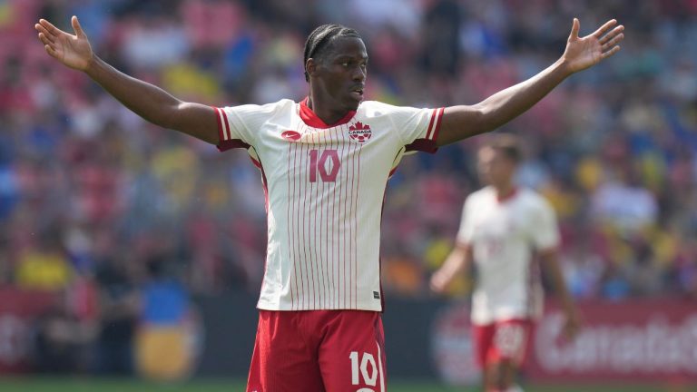 Canada's Jonathan David gestures to the referee during first half Canadian Shield Tournament action against Ukraine, in Toronto, Saturday, June 7, 2025. (Chris Young/CP)