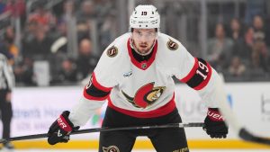 Ottawa Senators right wing Drake Batherson (19) waits for the puck to drop during the first period of an NHL hockey game against the Los Angeles Kings Monday, Nov. 24, 2025, in Los Angeles. (Jae C. Hong/AP)