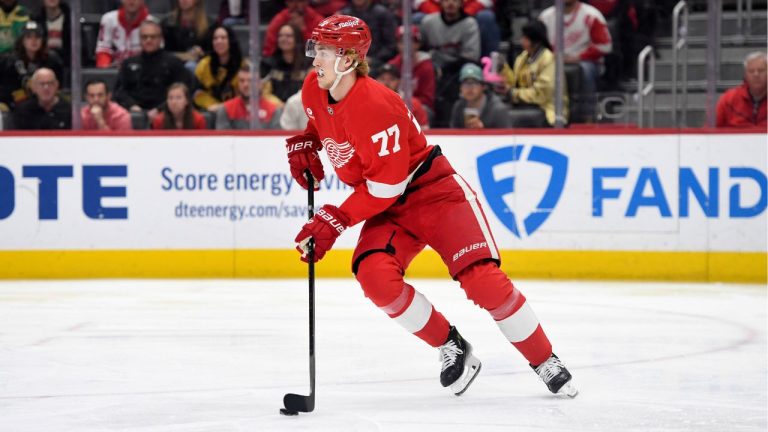 Detroit Red Wings defenceman Simon Edvinsson skates with the puck during the first period of an NHL hockey game against the Vegas Golden Knights, Sunday, March 16, 2025, in Detroit. (Jose Juarez/AP)