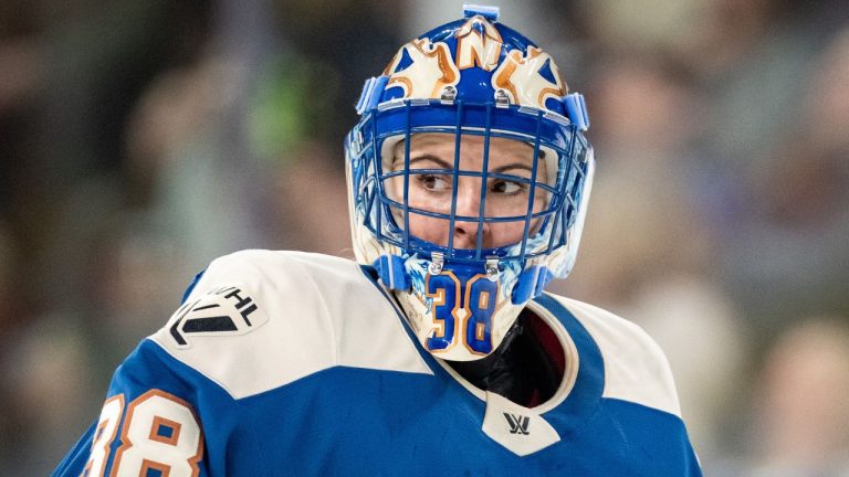 Vancouver Goldeneyes goaltender Emerance Maschmeyer (38) waits for a face off against the Seattle Torrent during the second period of a PWHL hockey game in Vancouver, on Friday, November 21, 2025. (Ethan Cairns/CP)