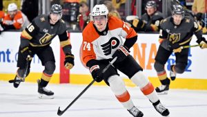 Philadelphia Flyers right wing Owen Tippett (74) skates with the puck during the first period of an NHL hockey game against the Vegas Golden Knights Thursday, Jan. 2, 2025, in Las Vegas. (David Becker/AP)