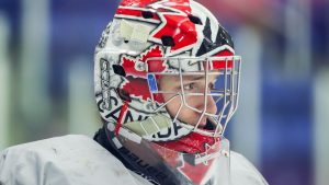 Carter George, of Thunder Bay, Ont., participates in Canada's national junior team training camp in Niagara Falls, Ont., Tuesday, Dec. 16, 2025. (Nick Iwanyshyn/THE CANADIAN PRESS)