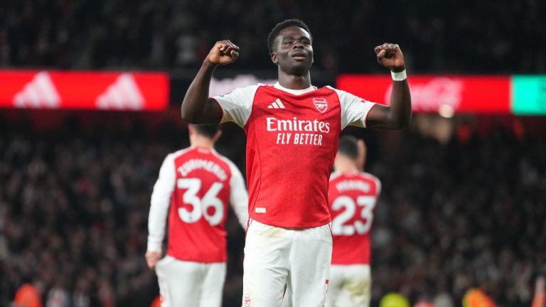 Arsenal's Bukayo Saka celebrates after scoring during a Premier League soccer match between Arsenal and Brentford in London, Wednesday, Dec. 3, 2025. (Kirsty Wigglesworth/AP)