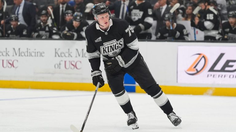 Los Angeles Kings center Samuel Helenius (79) skates during the second period of an NHL hockey game against the Pittsburgh Penguins Thursday, Oct. 16, 2025, in Los Angeles. (Jae C. Hong/AP Photo)