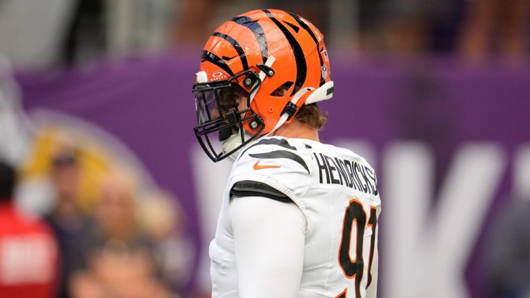 Cincinnati Bengals defensive end Trey Hendrickson watches before an NFL football game against the Minnesota Vikings, Sunday, Sept. 21, 2025, in Minneapolis. (Mike Stewart/AP)
